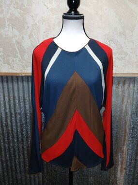 ZARA Basic Geometric Colorblock Chevron Blouse Long Sleeve Top L